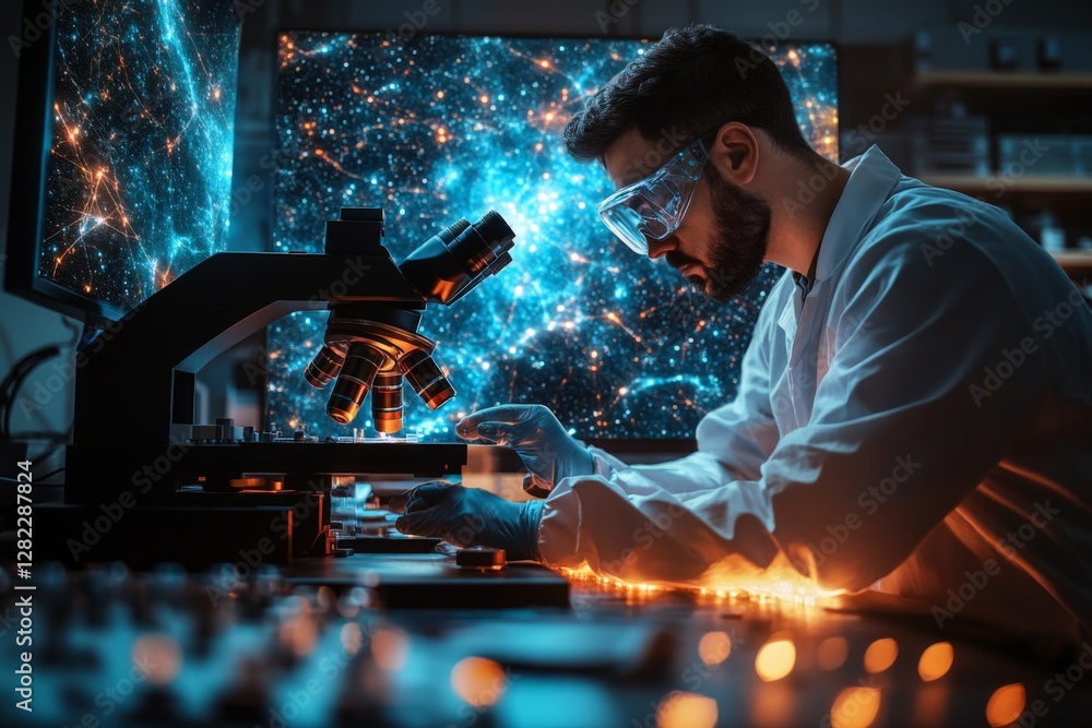 Poster microscope analysis in a high-tech laboratory focusing on cosmic phenomena and stellar formations