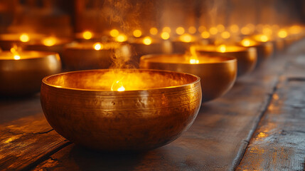 Obraz premium Close-up of a Tibetan singing bowl resting on a wooden surface with a mallet beside it, radiating calming vibrations Symbolizing meditation, healing, and spiritual balance in modern sound therapy