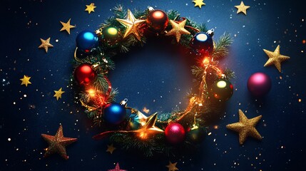 Fototapeta premium Christmas wreath glowing on festive blue background