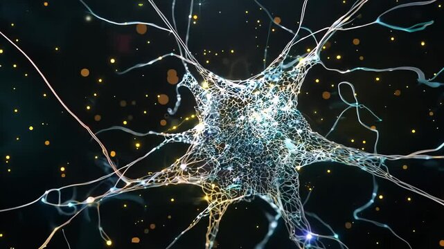Dynamic neural network activity with glowing synapses in motion. Brain activity, nerve cells, neurons