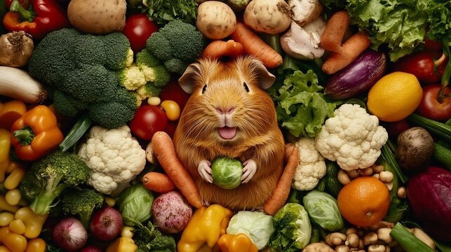 Happy guinea pig amidst colorful vegetables