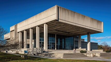Obraz premium Modern concrete building with large glass facade and columns under clear blue sky.