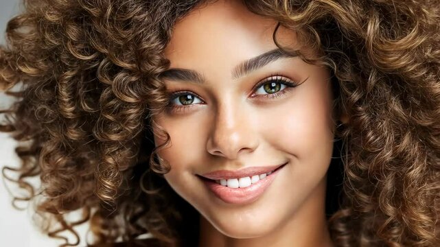 Young  lively positive woman with curly hair smiling joyfully. Stunning model posing