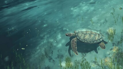 Obraz premium A serene underwater scene featuring a graceful sea turtle swimming through crystal clear waters surrounded by lush green aquatic plants