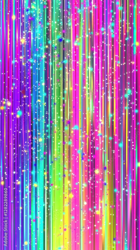Poster abstract vertical multicolored lines with sparkling particles on black background