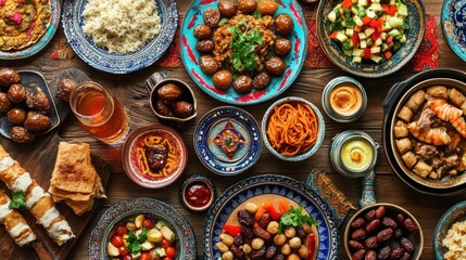 Fototapeta premium Colorful Middle Eastern or North African feast spread on a wooden table with various dishes.