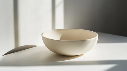 Ceramic Bowl On White Surface With Harsh Shadows And Angled Light Creating Moody Ambiance Monochrome Photography For Culinary Design Concepts