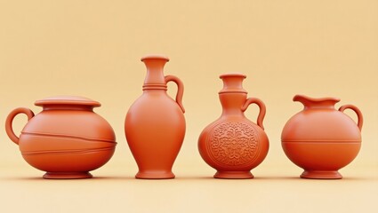 Collection of Terracotta Pottery Jugs Vases and Jars on Beige Background