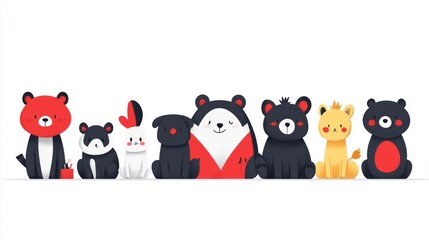 Cartoon animals in black red and yellow sit together