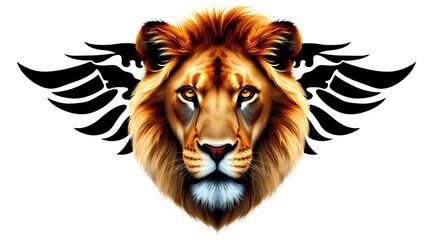 Fototapeta premium A bold graphic with a white background, featuring a central image of a majestic lion rendered in a photorealistic style, with intense amber eyes and a tawny mane.