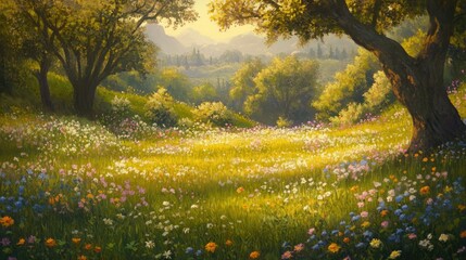 Fototapeta premium Lush meadow, vibrant wildflowers, sunny landscape, picturesque valley, tranquil scene, idyllic nature, scenic view, golden light, gentle hills, serene atmosphere.