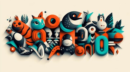 Fototapeta premium Geometric cartoon animals and shapes arranged in bright artwork