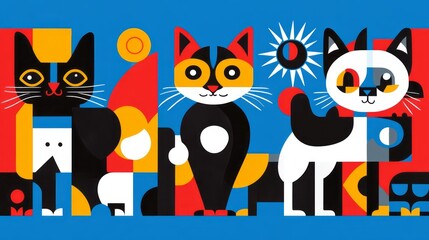 Three colorful geometric cats stand against a blue background