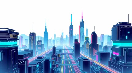 Fototapeta premium A digital illustration of a futuristic cityscape, rendered in neon colors against a white background, with sharp, clean lines and a polished look.