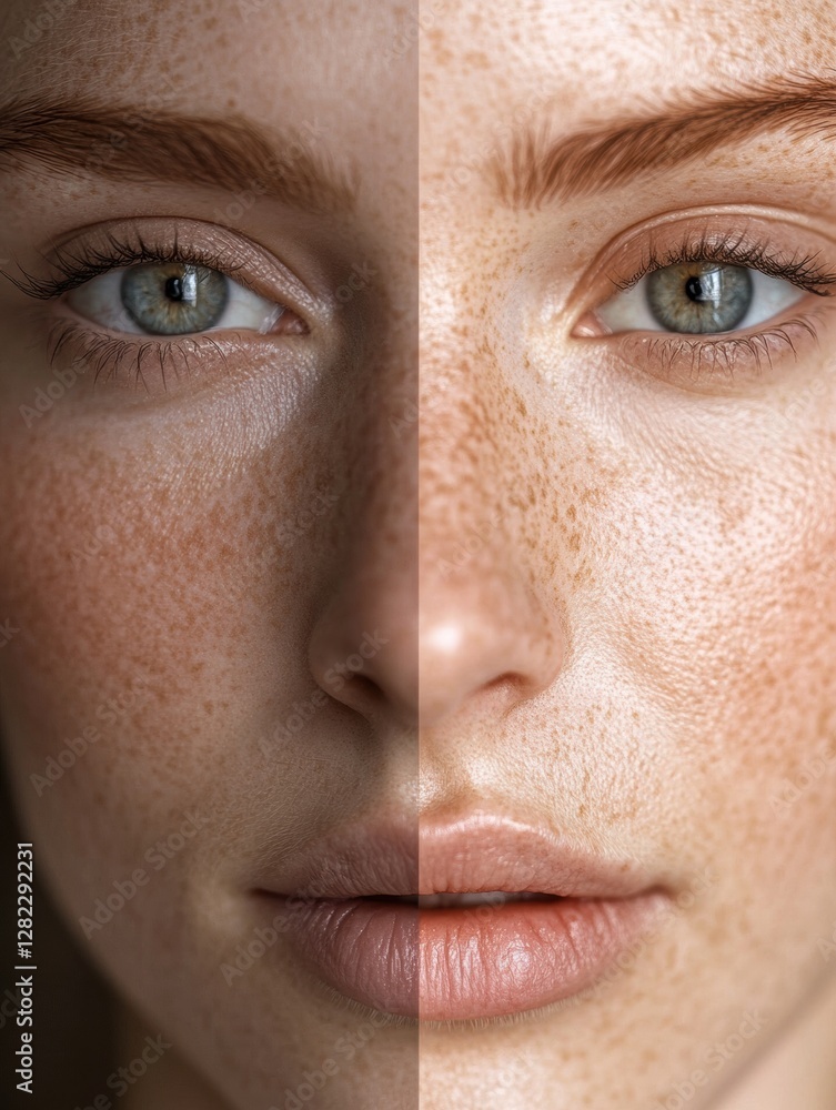Leinwandbilder Comparison of a womans face showing wrinkles on the left and a smooth appearance on the right side highlighting aging effects. Generative AI