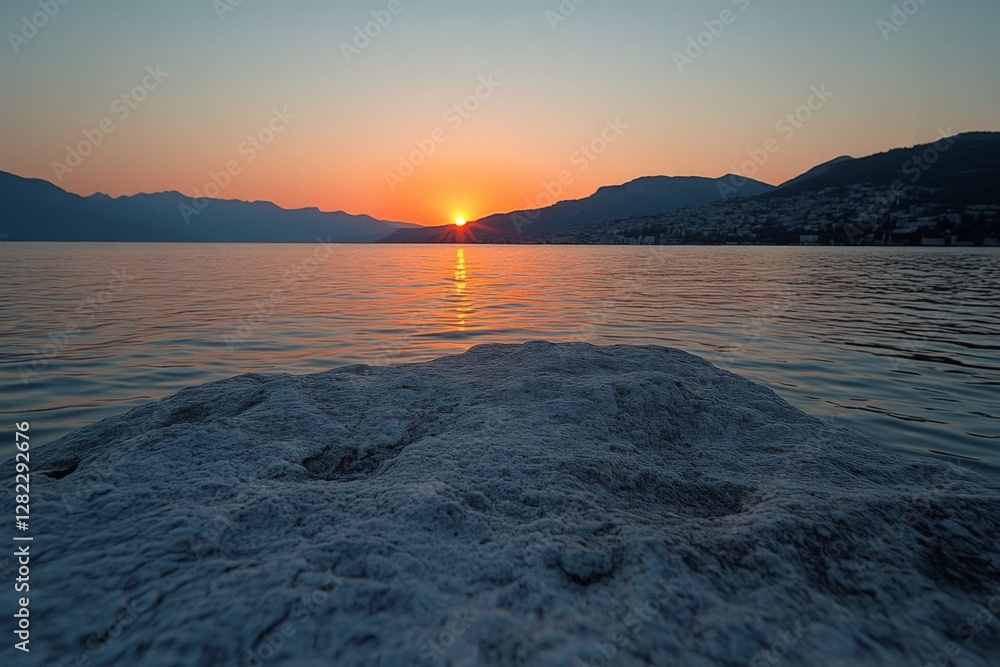Poster sunset over calm waters with rocks in foreground and mountains in background near a tranquil lake se