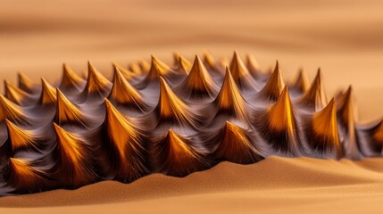 Golden spikes rise from the sand, a mesmerizing texture and contrast.