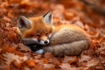 Red fox curled up and sleeping among autumn leaves in a peaceful forest setting