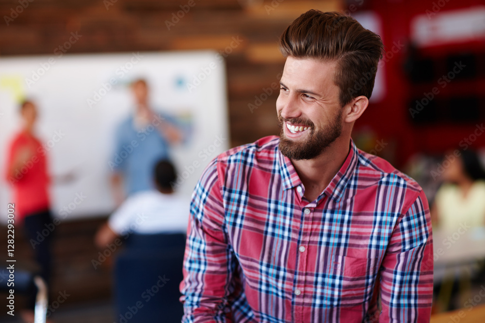 Poster design, laughing and thinking with business man in office for meeting, presentation or training. fun