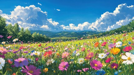 Fototapeta premium Vibrant colorful flower field under a vibrant blue sky with fluffy white clouds, rolling green hills in the distance.