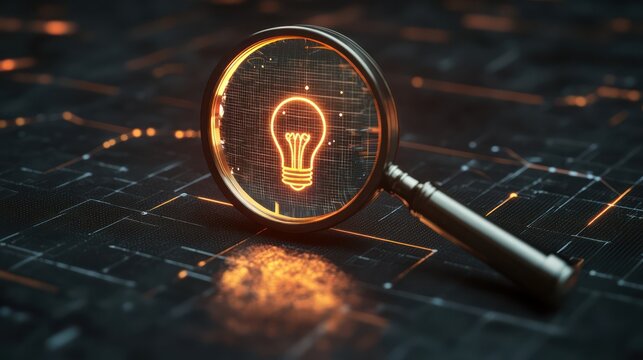 Magnifying glass on circuit board, idea, innovation, technology, dark background