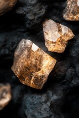 Smoky quartz crystals gleam against a dark background, showcasing their amber hues and unique formations.