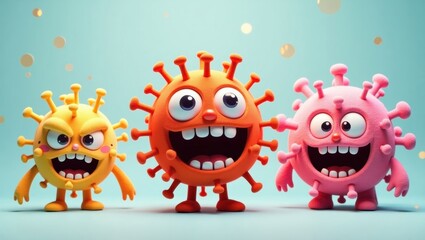 Naklejka premium Three Cheerful Cartoon Virus Characters Happy Angry and Giggly Expressions 3D Render
