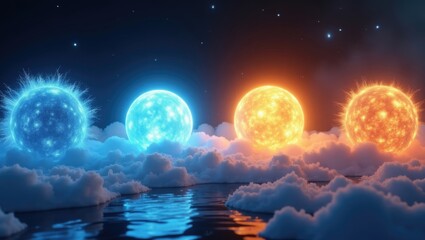 Celestial Landscape Two Binary Stars Over Calm Water and Clouds at Night