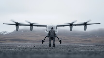 Technician prepares electric aircraft for takeoff, misty mountain background, transport industry