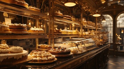 Ornate pastry shop displays a variety of cakes, tarts, and other baked goods on tiered gold shelving.  Plenty of desserts are showcased in a warm, inviting space.