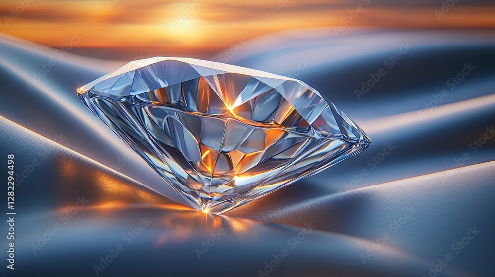 Poster Sparkling diamond resting on smooth fabric during sunset creating a stunning visual display