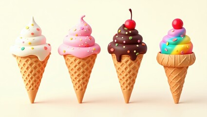 Four Colorful Ice Cream Cones Sweet Treats Summer Dessert 3D Render