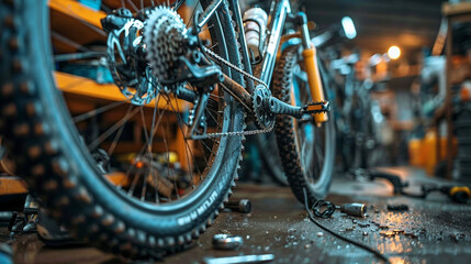 Fototapeta premium Close-up of mountain bike rear wheel and components in a bicycle repair shop.
