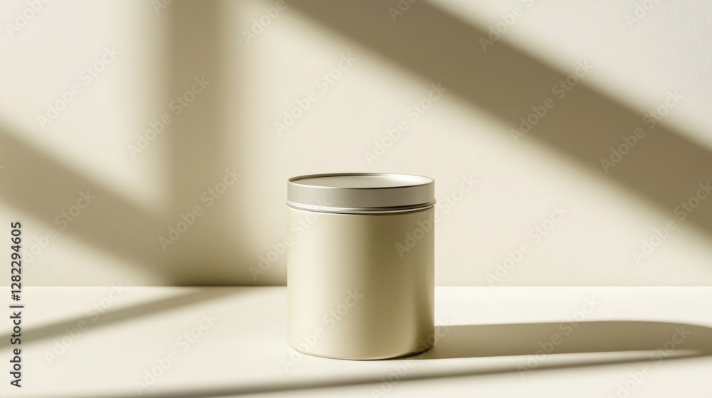 Poster cream beige jar with metallic lid under soft light and shadows for product display