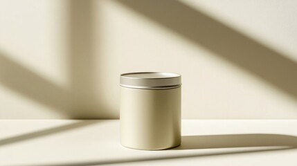Cream Beige Jar with Metallic Lid Under Soft Light and Shadows For Product Display