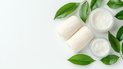 Natural skincare products, green leaves, white background. Use Product photography, health & beauty