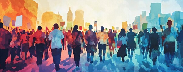 Diverse crowd walking in protest march towards city skyline