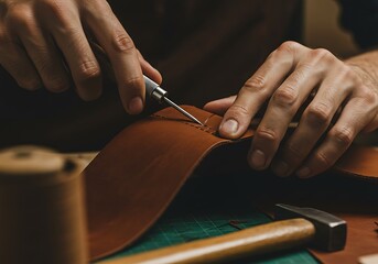 Crafting Leather Product Stitching Process with Awl and Hand Tools