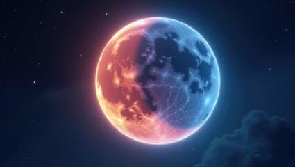 Naklejka premium Celestial Sphere Half Red Half Blue Moon in Night Sky with Stars