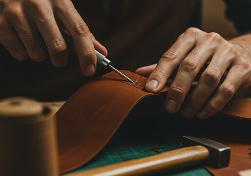 Crafting Leather Product Stitching Process with Awl and Hand Tools