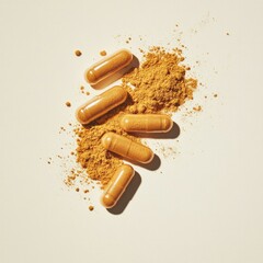 Turmeric capsules and powder on light background for health benefits
