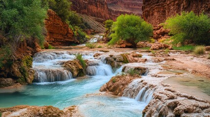 Supai Village, Arizona, USA A backpacker hikes through the Grand Canyon to the remote village of Supai, turquoise waterfalls cascading nearby.