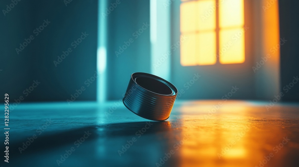 Poster cylindrical metal object leaning on a gleaming floor with window light in room