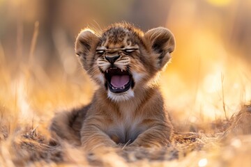 Obraz premium Young lion cub yawns in golden grass during early morning in the savanna