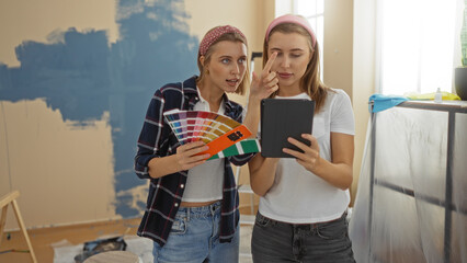 Blonde sisters discussing paint options using a tablet in their living room while renovating their new home, surrounded by colors and tools, capturing family teamwork indoors.