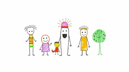 A playful graphic against a clear white background, showing whimsical hand-drawn characters in cheerful, saturated hues, using a childlike, crayon style.