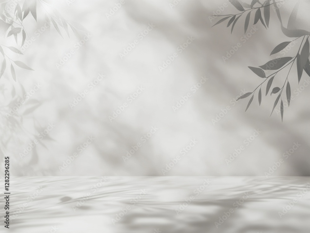 Poster minimalist white background with leaf shadows for product display and serene composition