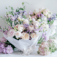 Bouquet of fresh pastel roses and flowers wrapped in white paper.