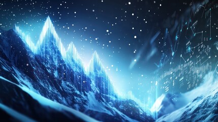Frozen mountain peaks at night, digital data overlay, possible use for financial technology