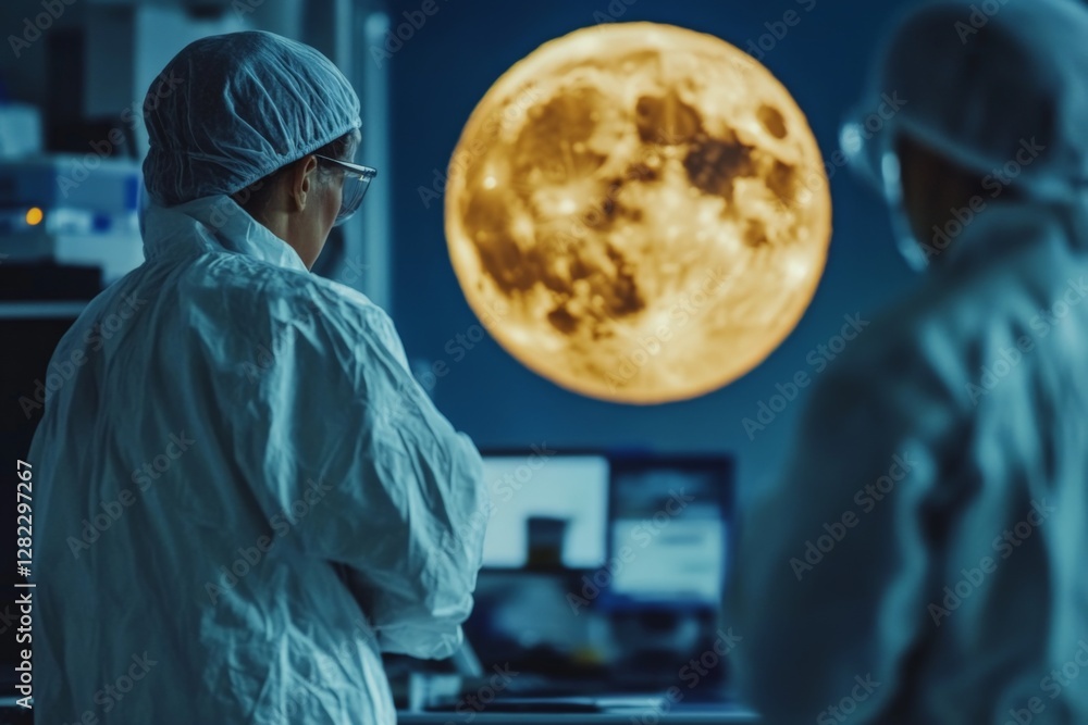 Poster researchers in protective gear observe lunar imagery in a high-tech lab during a space exploration p